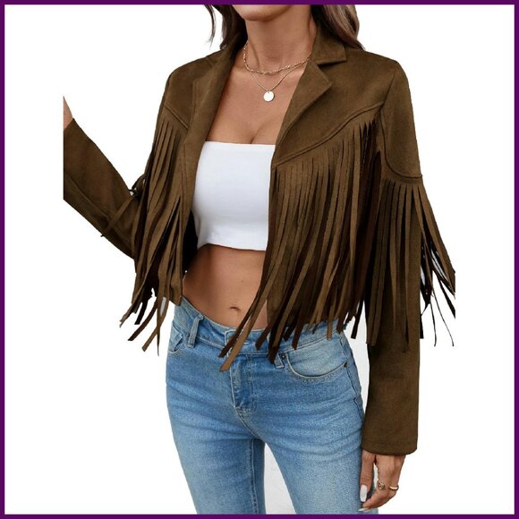 Jackets & Blazers - Faux Suede Cropped Jacket with Fringe Tassels, Lined, Western Style